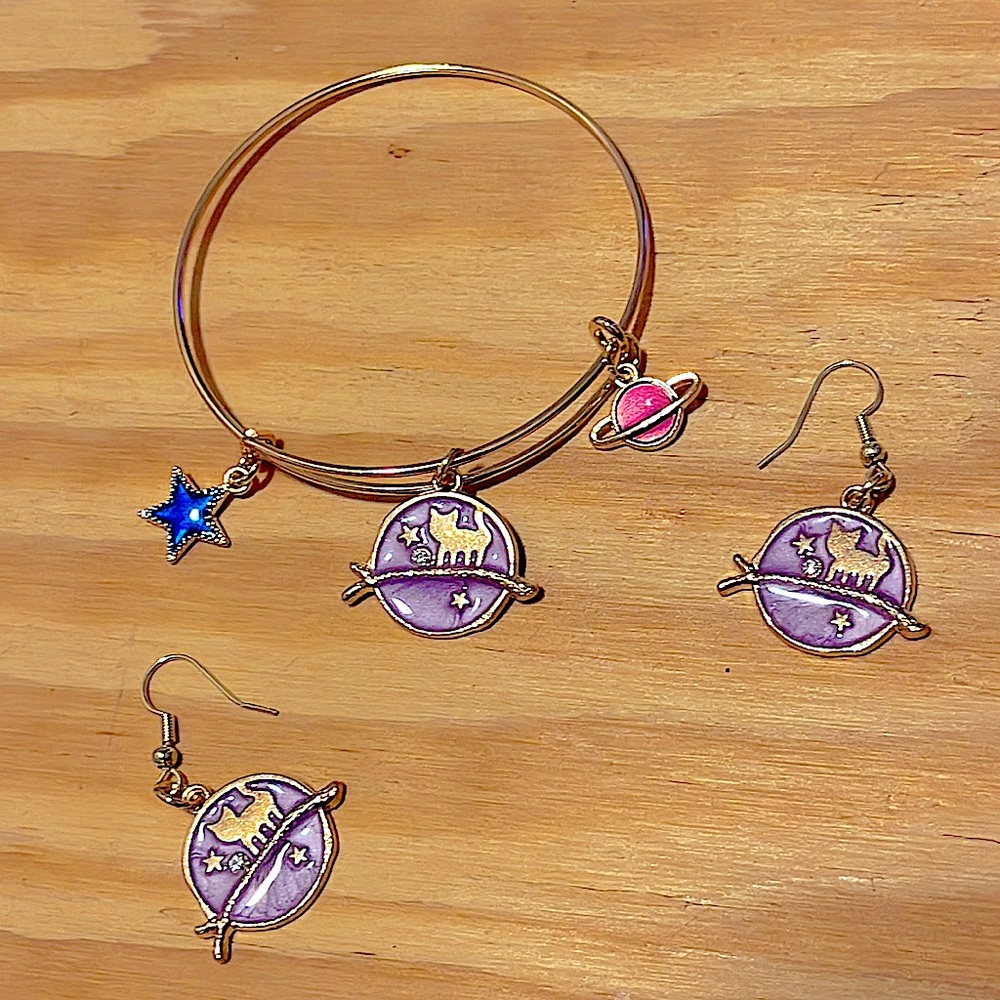 Bangle & Earrings SET 💜 Golden Cat Silhouette, Stars, Gems, Purple Sky, Planet